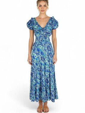 House of Harlow 1960 Gitty Blue Cap Sleeve Smocked Waist Tiered Maxi Dress XS